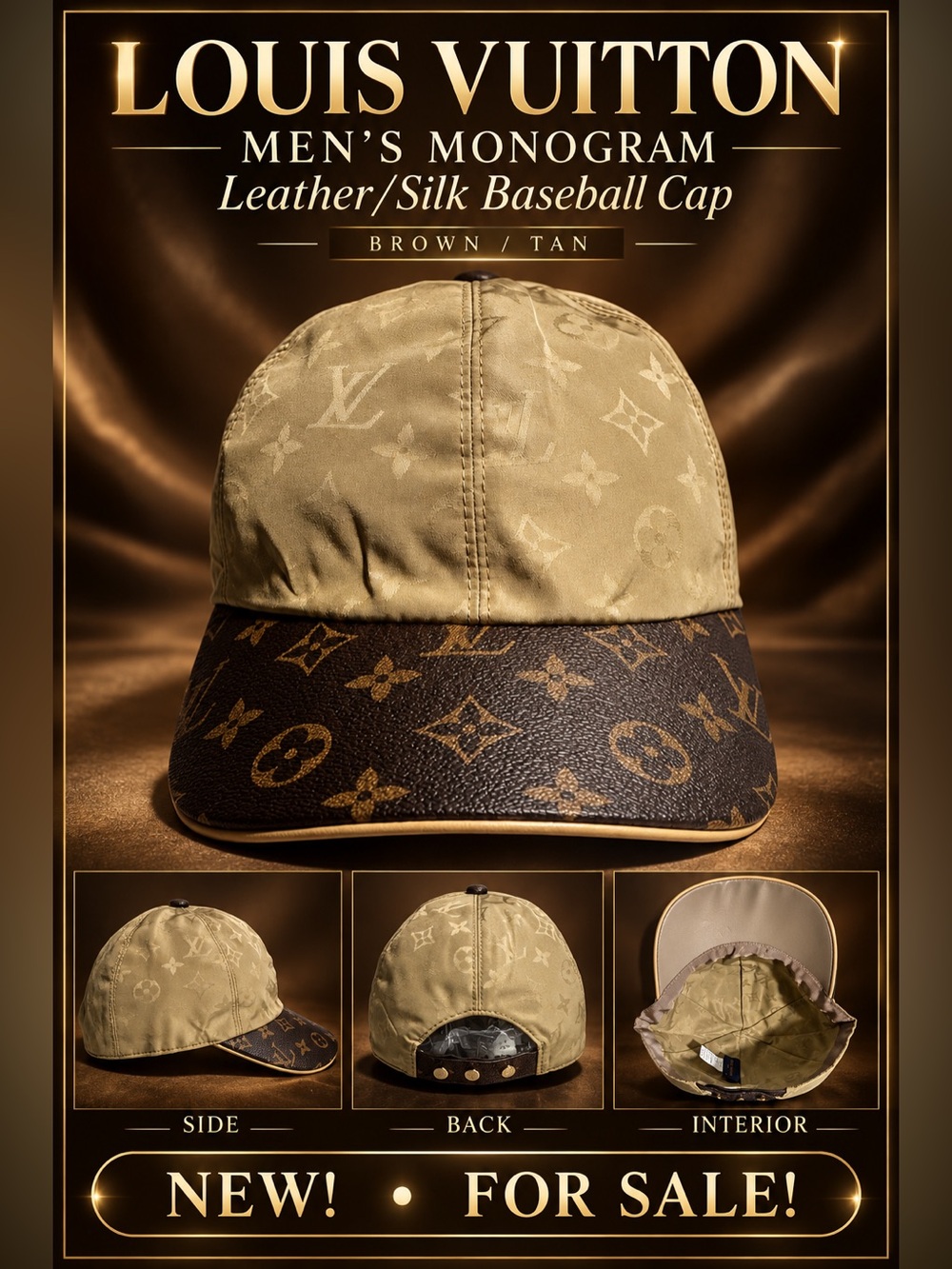 Louis Vuitton Men’s Monogram Leather/Silk Baseball Cap - Brown/Tan🔥New!